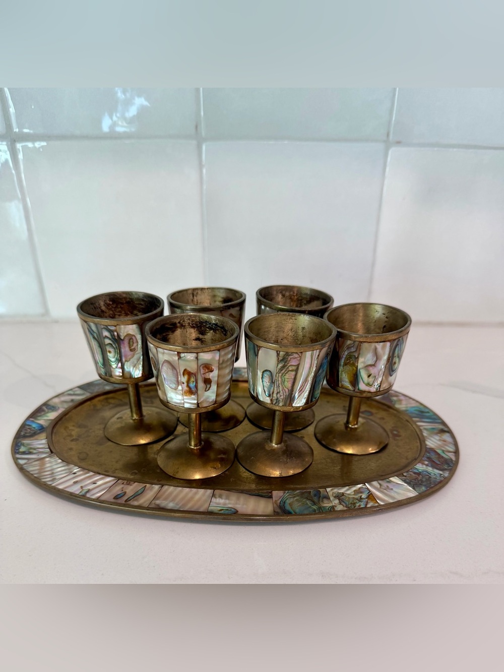 Vtg Mid-Century Mexican Brass & Abalone Cordial Set - 6 Goblets & Tray